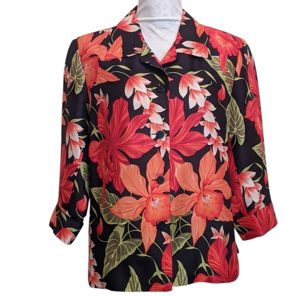 SILKLAND 100% Silk Tropical Floral Button Down Lined Colorful Jacket Medium